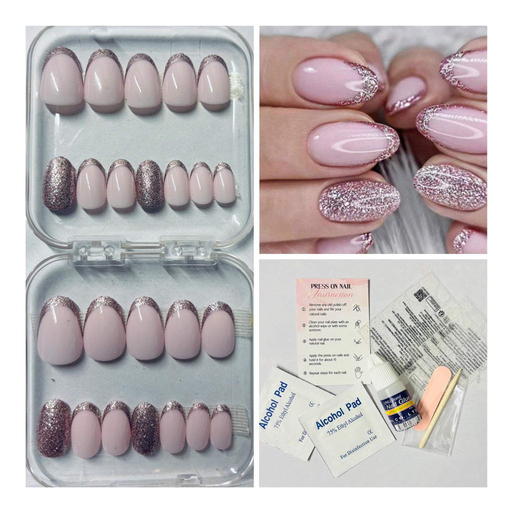 24 Pcs Small Almond Pink & Glitter Press-On Nails