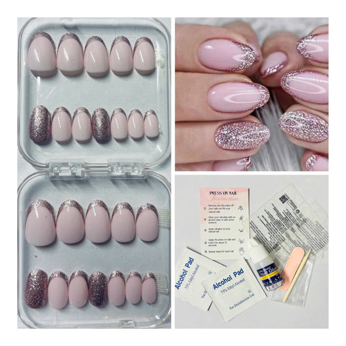 24 Pcs Small Almond Pink & Glitter Press-On Nails