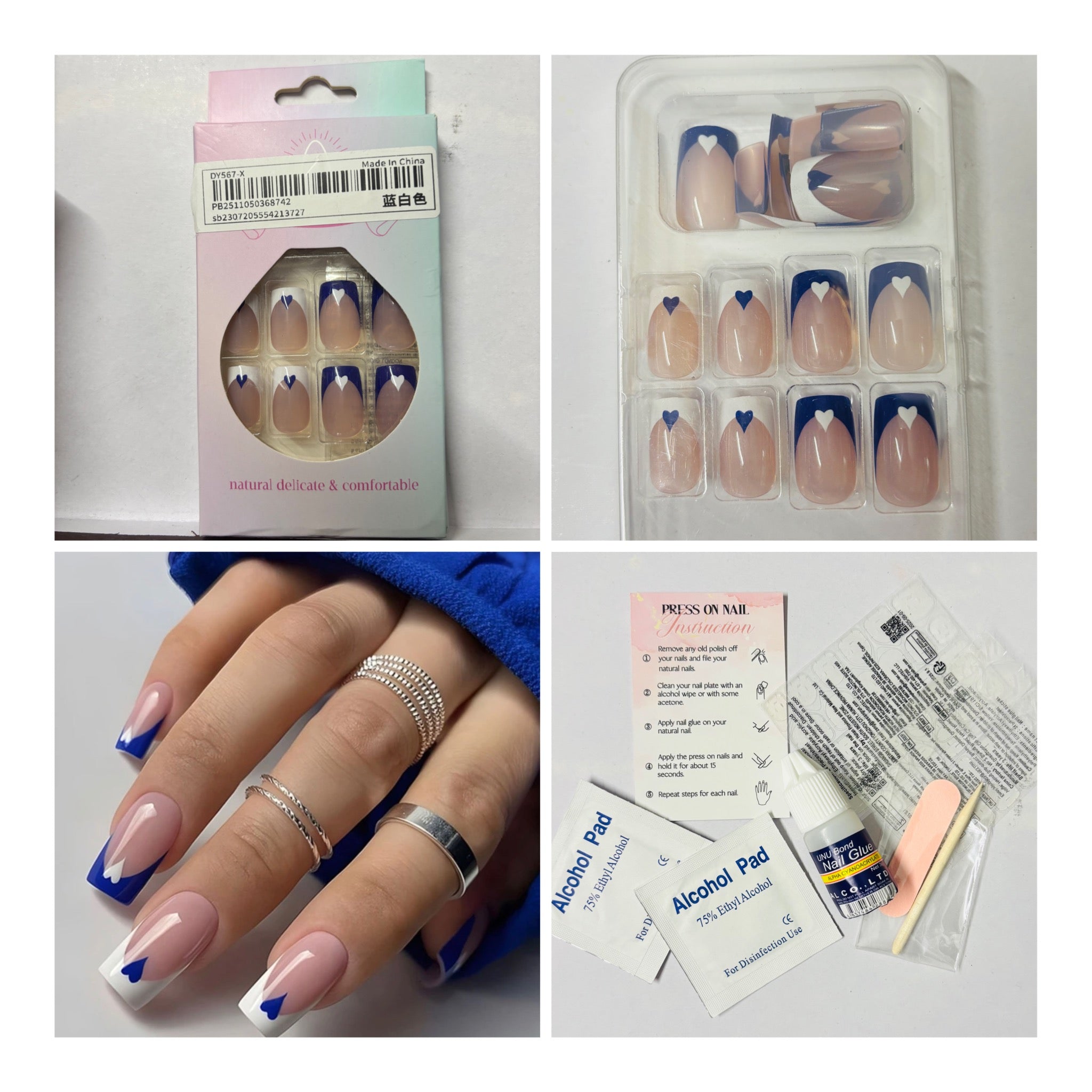 24 Pcs Square Blue & White French Heart Press-On Nails