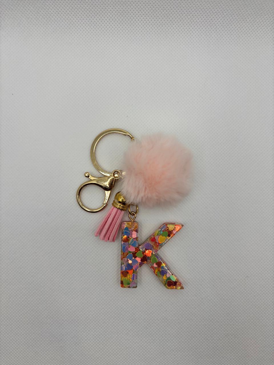 Alphabet K Light Pink Keychain with Pom pom