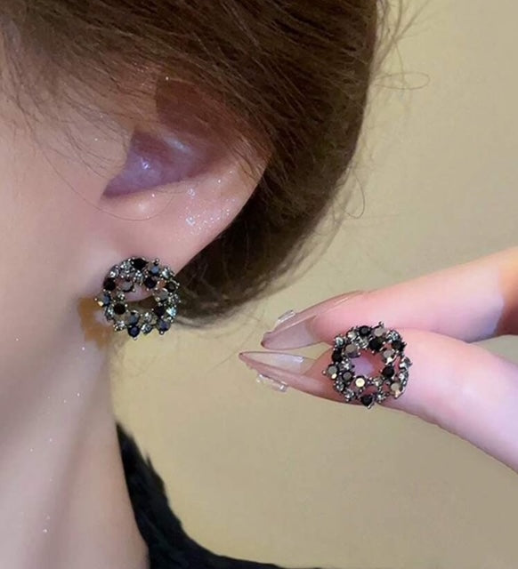Black Floral Rhinestone Earrings