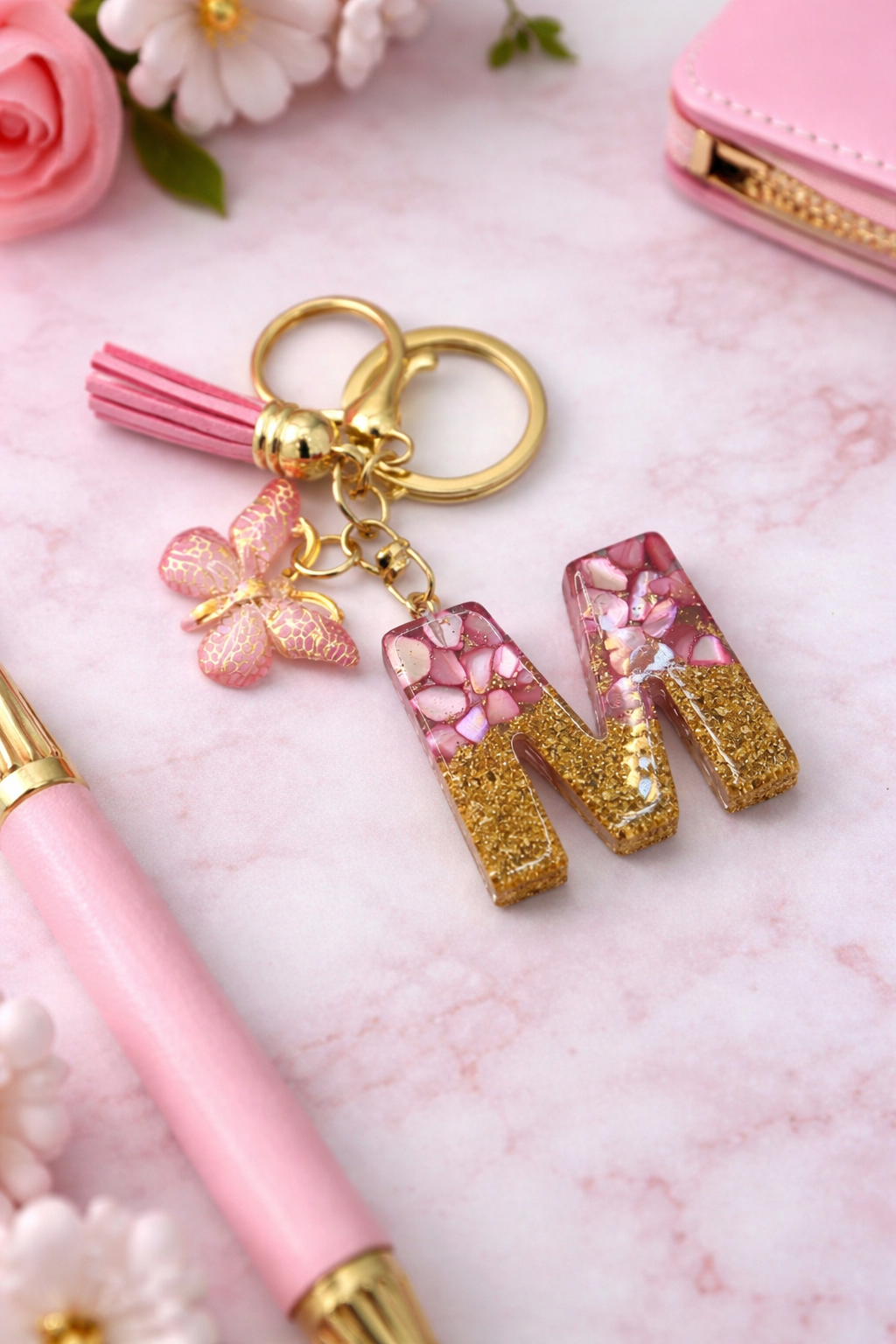Alphabet M Gradient Pink Keychain