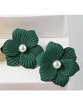 Dark Green Floral Pearl Stud Earrings