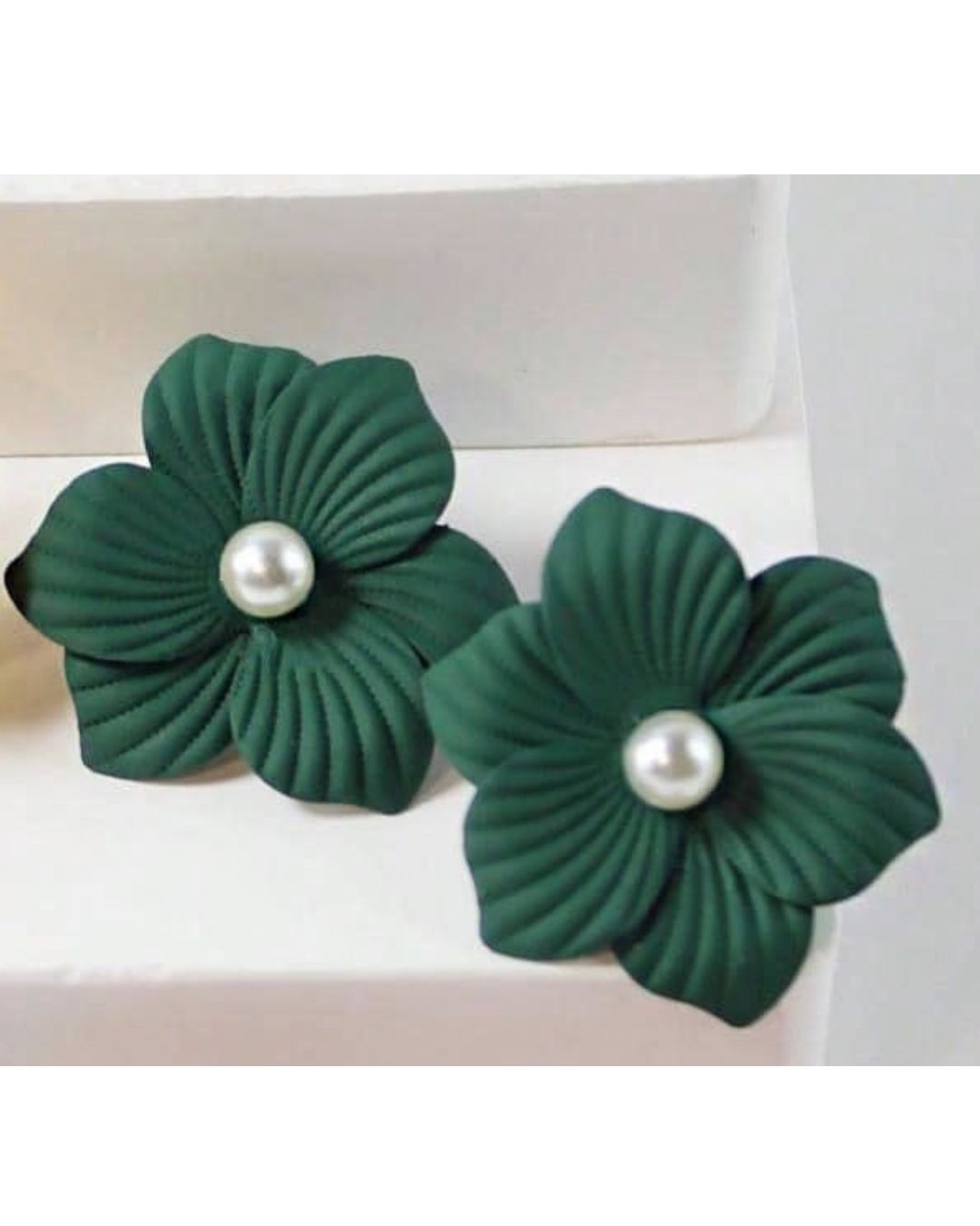 Dark Green Floral Pearl Stud Earrings