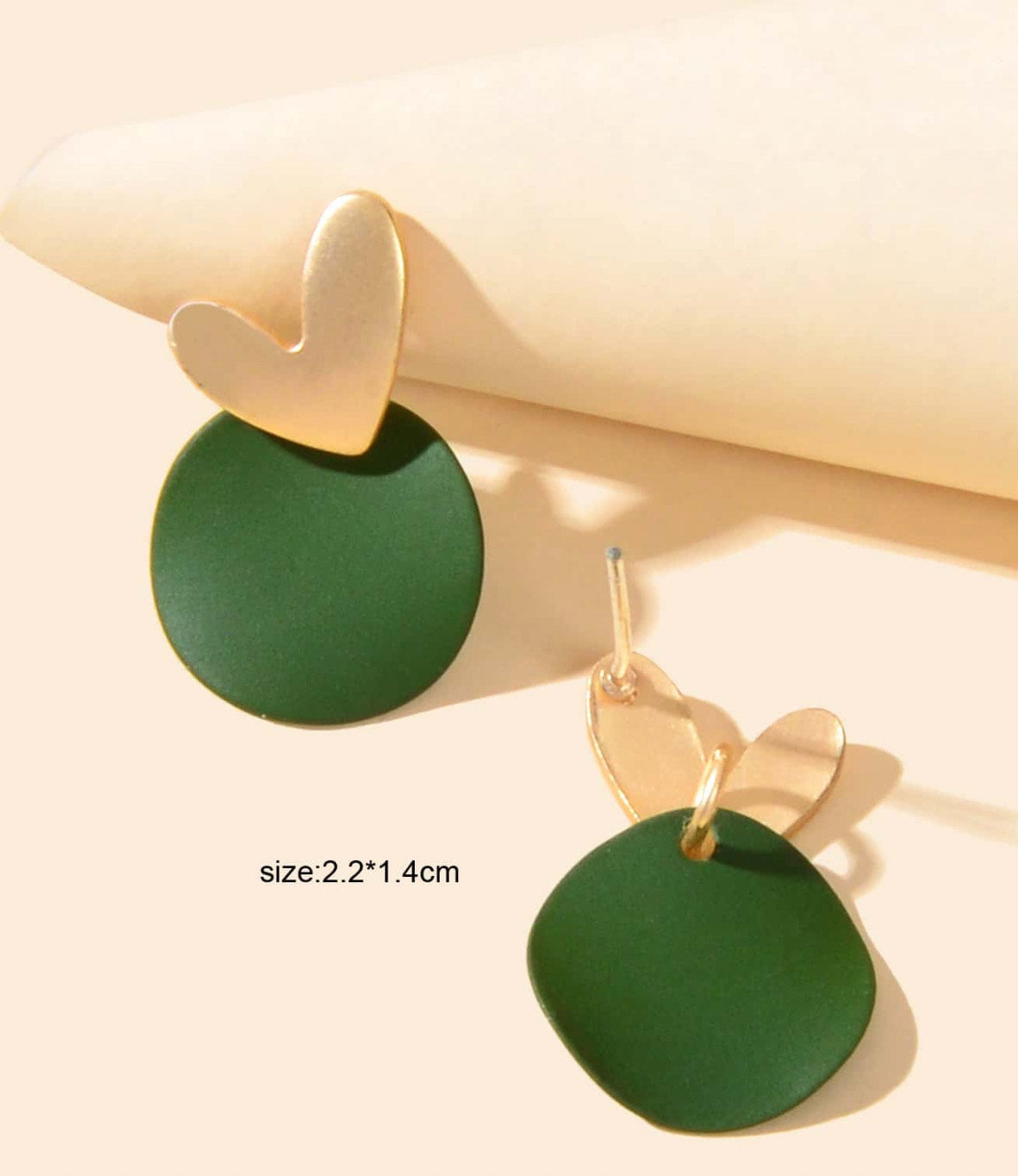 Heart and Green Disc Drop Earrings