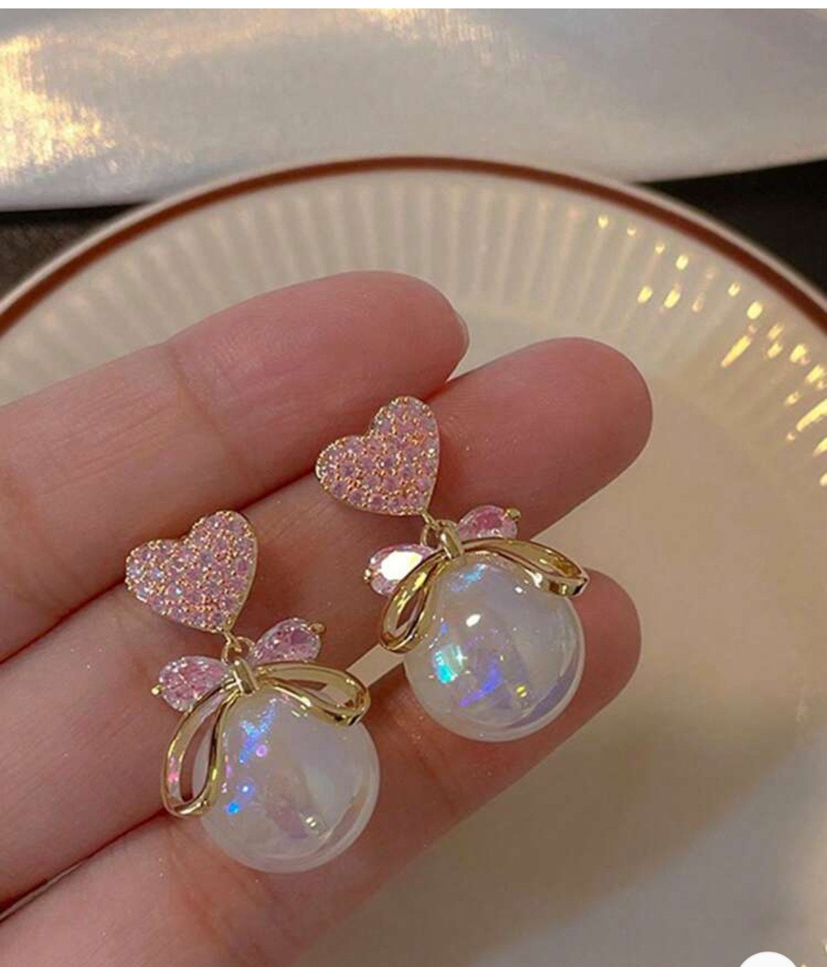 Pink Heart and Pearl Drop Earrings