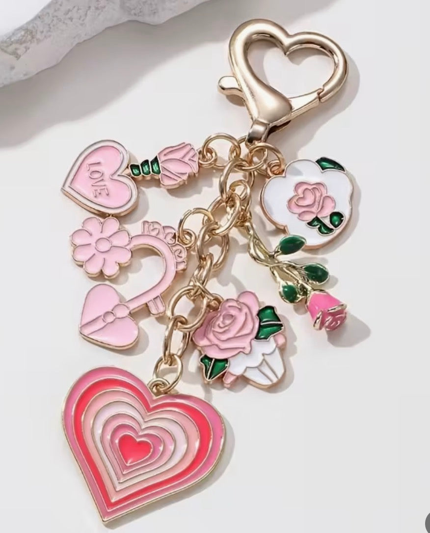 Pink multi-charm heart keychain