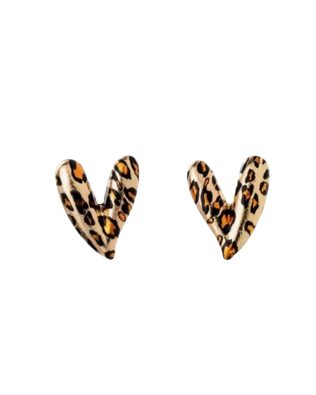 Leopard print heart stud earrings.