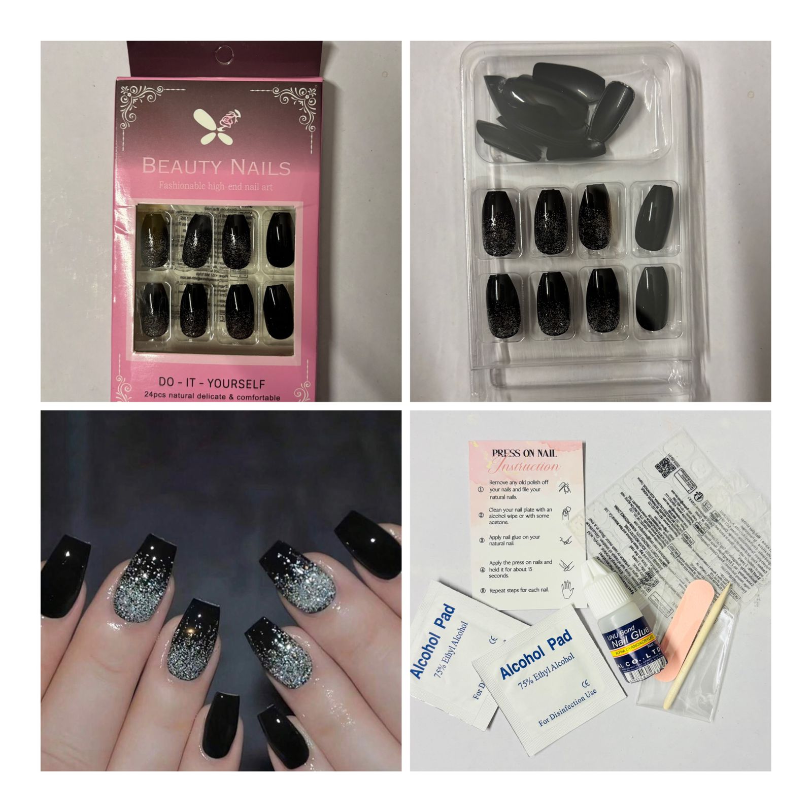 24 Pcs Black Glitter Ombre Press-On Nails – Long Coffin