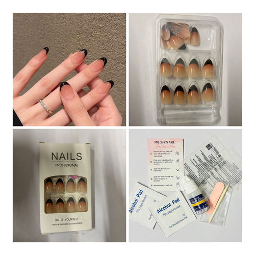 24 Pcs Almond Nude Black French Press-On Nails