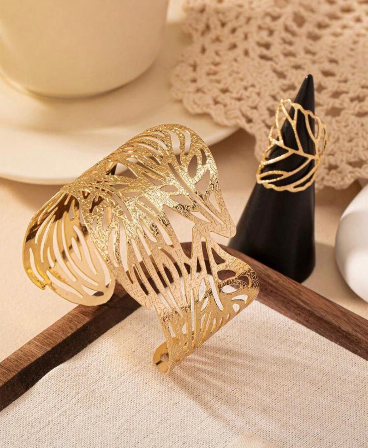 Golden Leaf Cutwork Cuff Bracelet