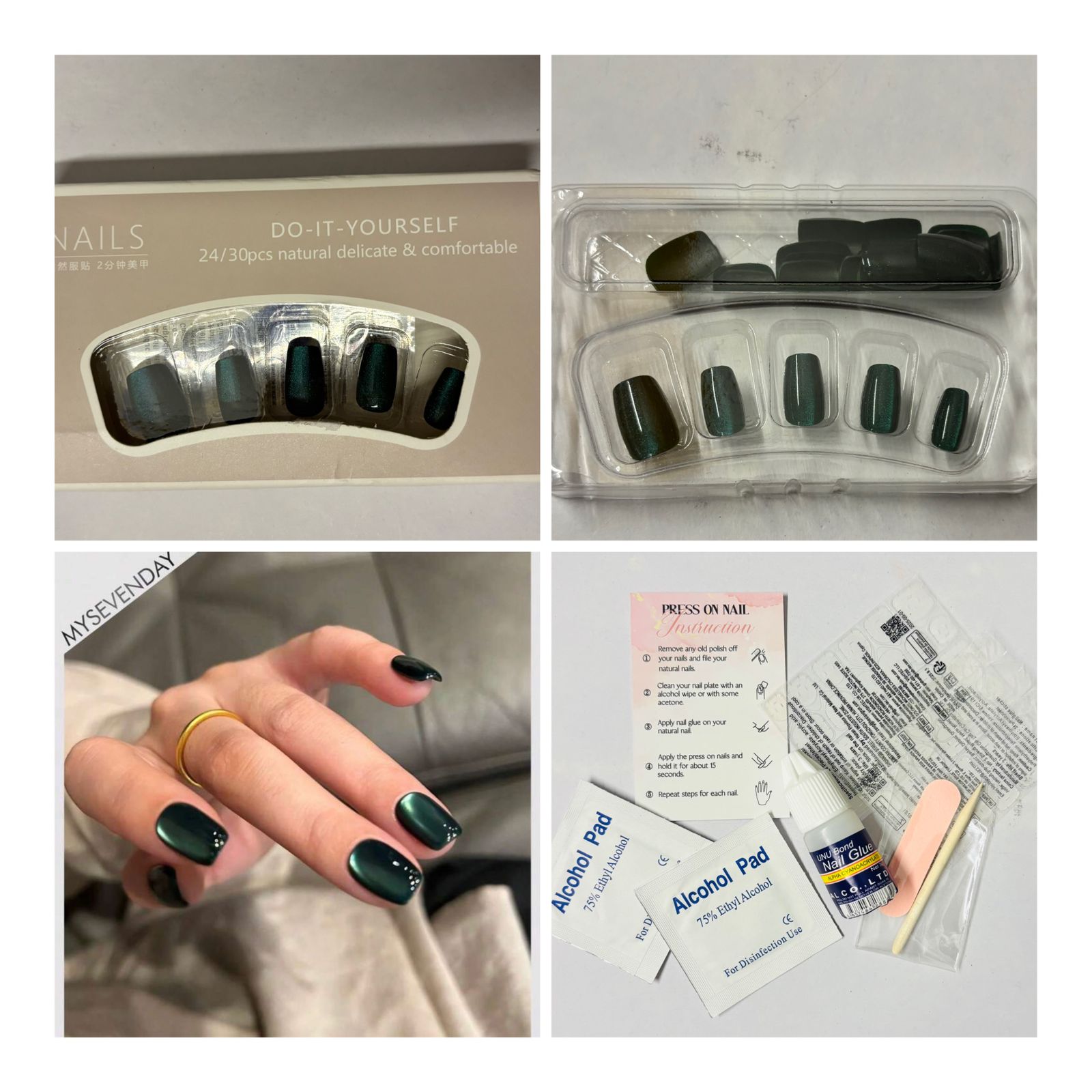 24 Pcs Metallic Green Cateye Short Square Press-On Nails