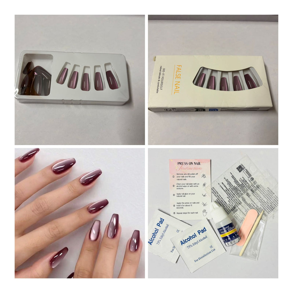 24 Pcs Long Coffin Mauve Cat eye Press-On Nails