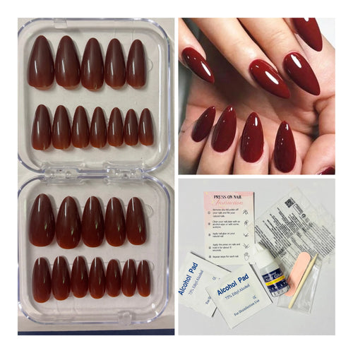 24 Pcs Almond Shape Burgundy Nails